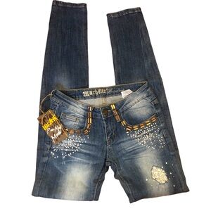 Machine Pour Neuf Mode Low Rise Jeans Jewels Beads Size 26